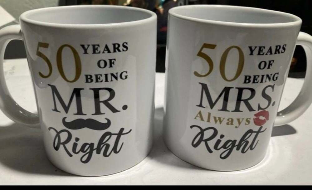 50th Wedding Anniversary Mr. and Mrs. Right 11 oz Ceramic Coffee Mug Set